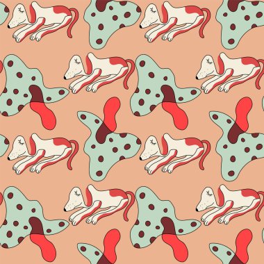 Çocuk dokusu. Evcil hayvan ve mantarlı şirin, kusursuz vektör deseni