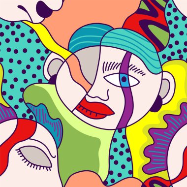 Dişi ve erkek yüzlü kusursuz ve benzersiz bir soyut desen.