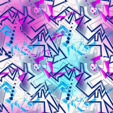 Kavisli geometri elementleri, çizgiler ve kaotik noktalarla soyut kentsel şablon. Çağdaş sanat eserleri