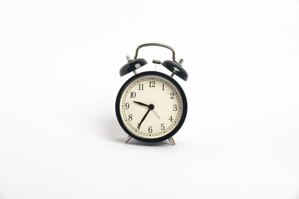 Relógio Alarme Vintage Preto Isolado Fundo Branco Conceito Tempo Oclock — Fotografia de Stock