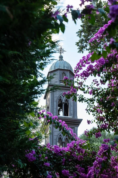 church image with flowers , religion and belief concept. High quality photo