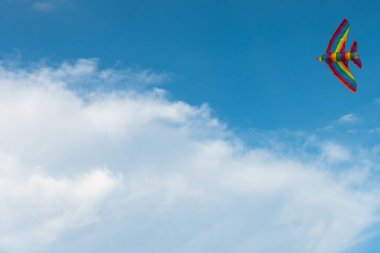 Rüzgarda uçuşan renkli uçurtma, Özgürlük ve yaz tatili konsepti. Yüksek kalite fotoğraf