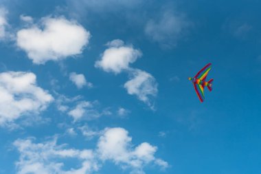 Rüzgarda uçuşan renkli uçurtma, Özgürlük ve yaz tatili konsepti. Yüksek kalite fotoğraf