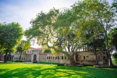 Topkapı Sarayı 'ndaki mutluluk kapısını ziyaret ediyorlar. Topkapı Sarayı Türkiye 'de daha popüler bir turizm merkezi.