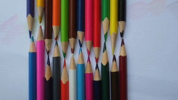 Tahta renkli kalemler toplu olarak dizilmiş. Beyaz arkaplanda izole edilmiş renkli kalemler
