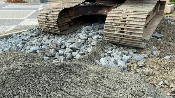 Escavadeira Pedras Cascalho Local Projeto Construção — Fotografia de Stock