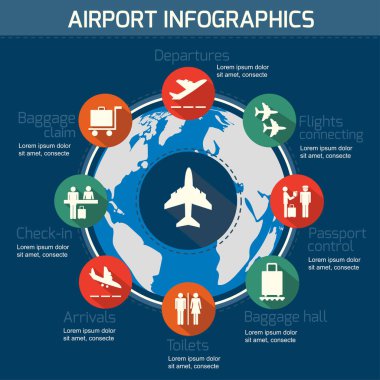 Havaalanı işletme Infographic sunu şablonu konsept tasarım Dünya Haritası ve Havaalanı Servisi simgeler illüstrasyon vektör