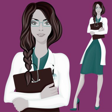 Beyaz önlük belge klasörü vektör çizim ile ayakta çekici doktor asistanı