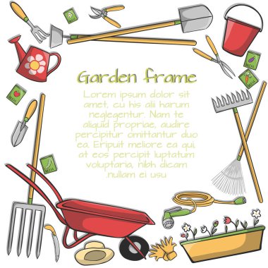 Decorative frame of garden accessories instruments and tools on green background vector illustration clipart