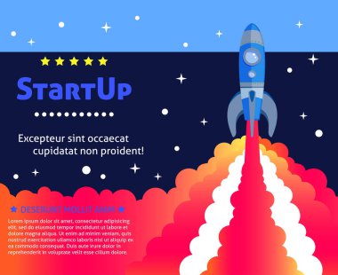Uzay roket başlatma çizgi film yıldızları ile fütüristik arka plan arka plan vektör çizim üzerinde