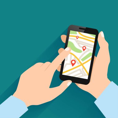 Çalışan navigasyon uygulaması vektör illüstrasyonlu akıllı telefonu tutan eller