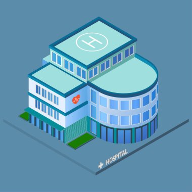 Helikopter pisti ile çatı izometrik izole vektör çizim üzerinde bina modern 3d kent Hastanesi