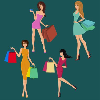 Kız genç seksi kadın figürleri moda çantalar izole vektör çizim ile alışveriş