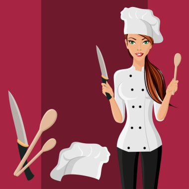 Restoran şefi şapkalı bıçak ve beyaz arka plan üzerinde vektör illüstrasyon izole spatula ile çekici genç kadın