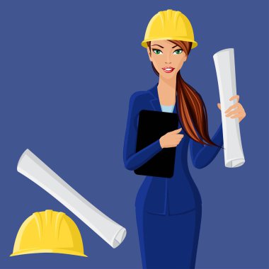 ingegnere di signora bella donna d'affari nel casco isolato su illustrazione vettoriale sfondo bianco