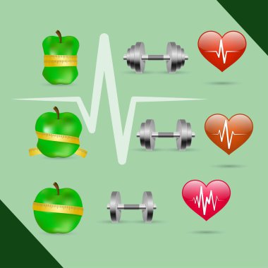 Fitness egzersizleri ilerleme simgeler kümesi kalp hızı gücü ve azlık izole vektör çizim