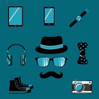 hipster gözlük öğeler topluluğu yay bıyık Ayakkabı ve şapka vektör çizim