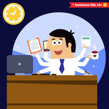 iş yaşam. çoklu görev ve çok amaçlı işadamı kahve telefon Danışma ve bilgisayar ile tüm ticaret illüstrasyon vektör