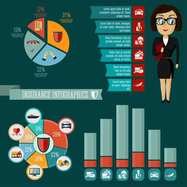 iş kadını hippi kız sigorta şirketi Ajan Infographic sunum tasarım öğeleri simgeler Çizelgeler ve grafikler vektör çizim ile