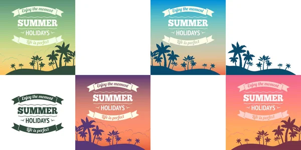 夏季假期度假旅行背景海报与日落和棕榈树矢量图 — 图库矢量图片