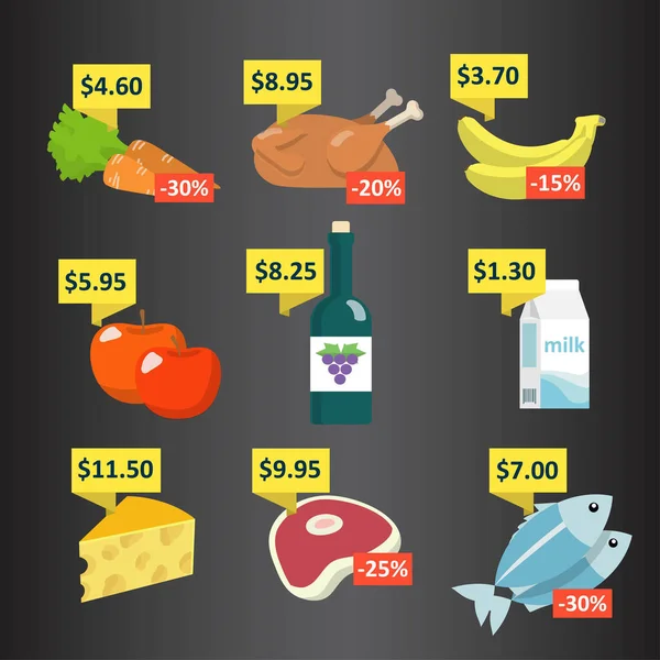 Conjunto Iconos Selección Alimentos Bebidas Supermercado Con Etiquetas Precios Etiquetas — Vector de stock