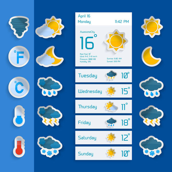 Прогноз погоды: компьютерная бумага декоративные виджеты с солнечными облаками дождь и снег иконки векторные иллюстрации
