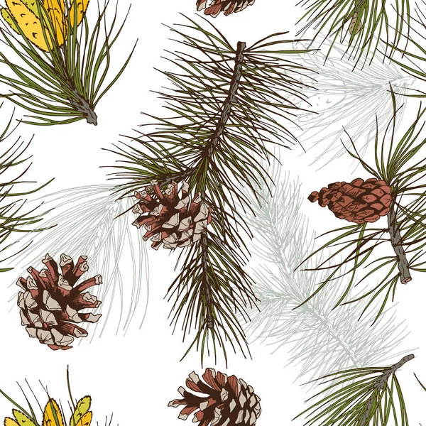着色された松のモミの枝と円錐森林木材のシームレスなパターン ベクトル イラスト — ストックベクタ