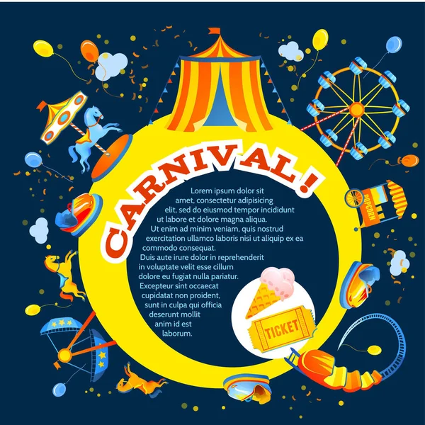 Diversión Entretenimiento Carnaval Parque Temático Diseño Invitación Folleto Vector Ilustración — Vector de stock