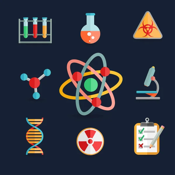 Scientific Chemistry Laboratory Equipment Retort Glass Atom Dna Symbols Icons — Stock Vector