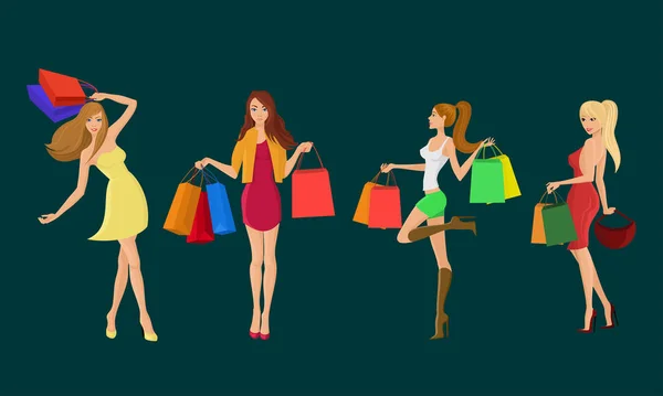 Winkelen Meisje Jonge Sexy Vrouwenfiguren Met Verkoop Mode Zakken Geïsoleerde — Stockvector