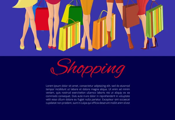 年轻性感的女孩苗条的双腿与时尚包包购物海报矢量图 — 图库矢量图片
