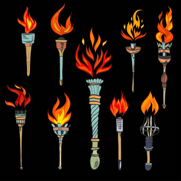 Feuer Glühende Flamme Retro Skizze Fackel Symbole Setzen Isolierte Vektor — Stockvektor