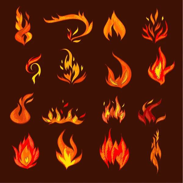 Feuer Flamme Verbrennen Fackel Dekorative Symbole Setzen Isolierte Vektorillustration — Stockvektor