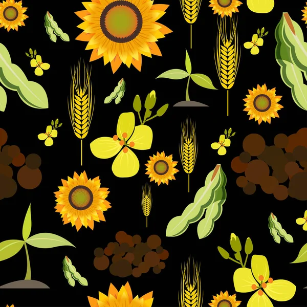 Agriculture Farming Organic Food Plant Wheat Sunflower Seamless Pattern Vector — Stock Vector