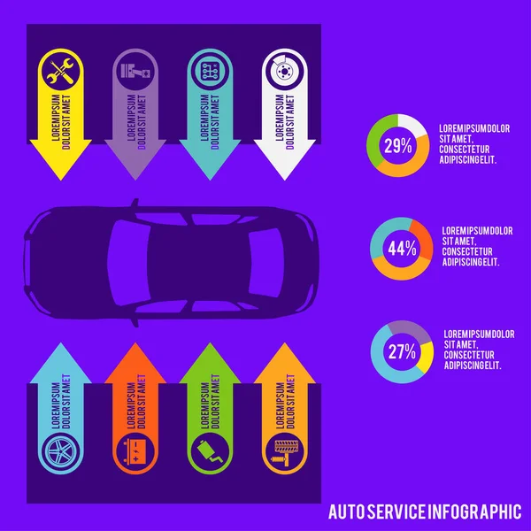 Auto makinist araba servisi Infographic şablonu ile harita ve bakım elemanları vektör çizim