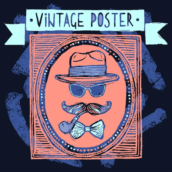 Vintage Gentleman Verkleidung Satz Sonnenbrille Schnurrbärte Und Tabakpfeife Poster Vektor — Stockvektor