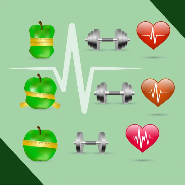 Fitness egzersizleri ilerleme simgeler kümesi kalp hızı gücü ve azlık izole vektör çizim