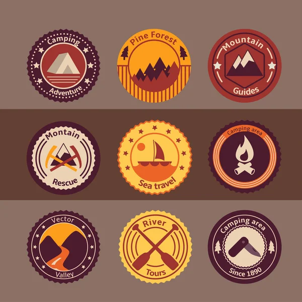 Turismo Aire Libre Camping Insignias Planas Conjunto Árbol Montaña Carretera — Vector de stock