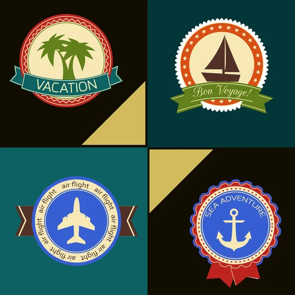 假期旅行的游艇船飞机棕榈树的徽章集合和锚定孤立的矢量图 — 图库矢量图片
