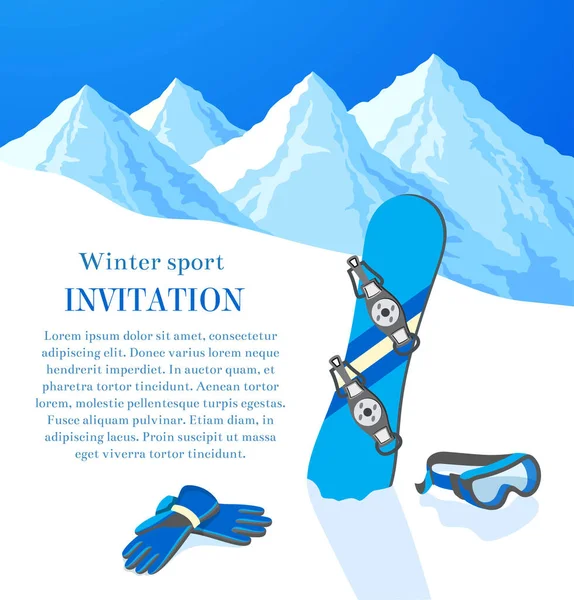 Snowboard Kış Dağ Manzara Retro Davetiye Kartı Çerçeve Vektör Çizim — Stok Vektör