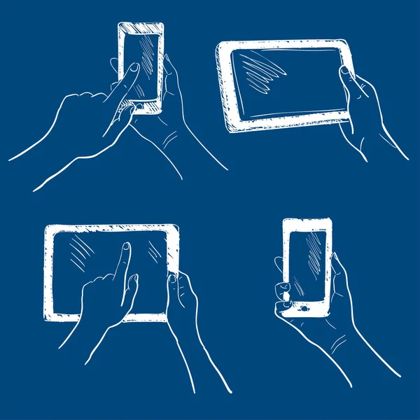 Handgesten Mit Smartphone Tablet Touchscreen Skizze Set Isolierte Vektorillustration Stockvektor