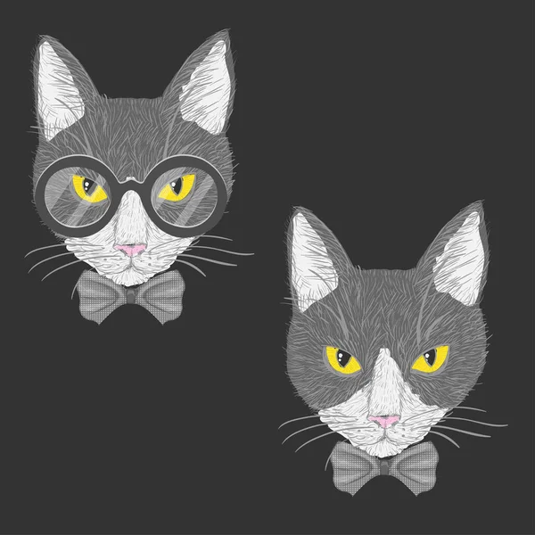 Hipster Katze Mit Brillenschleife Und Gelben Augen Isolierte Vektorillustration Stockvektor