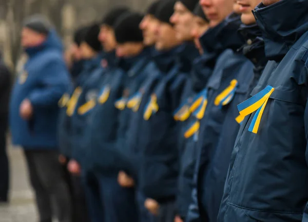 Yellow Blue Ribbon Colors Ukraine Attached Chest Ukrainian Army Inscription — Stock Photo, Image