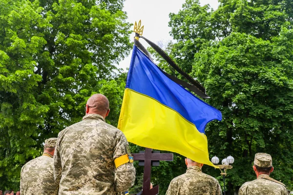 Flagpole Form Coat Arms Ukraine Black Ribbon — Stock Photo, Image