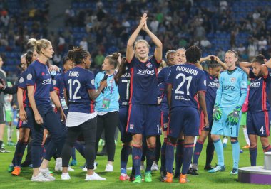 KYIV, UKRAINE 24 Mayıs 2018: Valeriy Lobanovskyi Dinamo Stadyumu 'nda oynanan UEFA Bayanlar Şampiyonlar Ligi finalinde Norveçli futbolcu Ada Hegerberg
