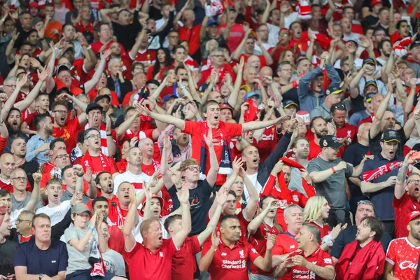 Kyiv Ukraine Maj 2018 Fani Liverpoolu Podczas Finałowego Meczu Ligi — Zdjęcie stockowe
