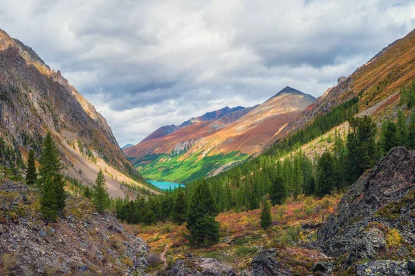 オレンジの色合いと日当たりの良い山と多色の秋の風景 秋には鋭い山の尾根に壮大なカラフルなビュー 紅葉のモトレー山の風景 — ストック写真