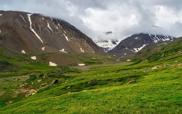 Yeşil Tepeleri Alçak Bulutlarda Kar Keskinliği Olan Dramatik Yağmurlu Dağ — Stok fotoğraf