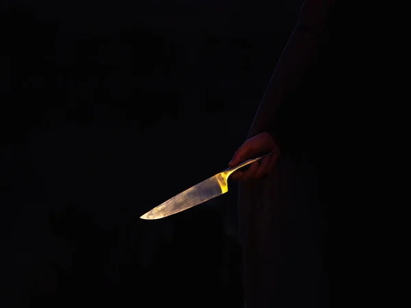 Big Shiny Knife Blade Hand Dark Background Maniac Hunting Victim — Stock Photo, Image