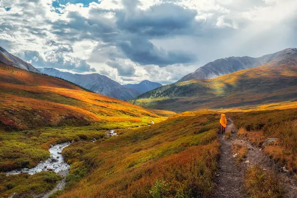 Solo Resenär Gul Regnrock Trailen Panorama Färgglada Landskap Med Gångväg — Stockfoto